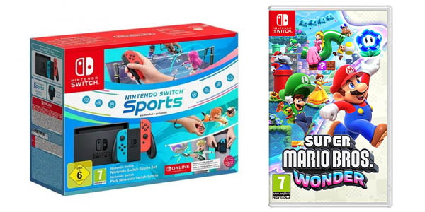 Pack Nintendo Switch + Switch Sports + Cinta pierna + 3 meses online + Super Mario Bros. Wonder