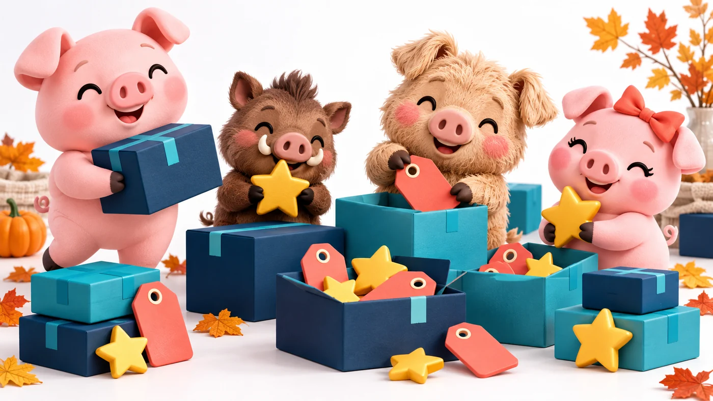 El equipo de cerditos de Ofertitas prepara cajas y ofertas para la Fiesta de Ofertas Prime