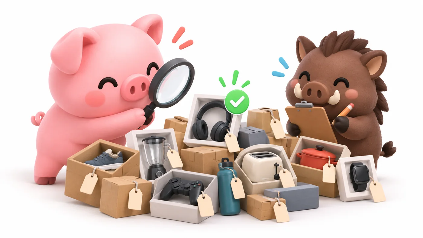 Un cerdito y un jabalí revisan ofertas con lupa para seleccionar los mejores chollos.