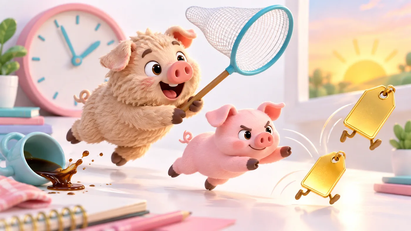 Un cerdito peludo y otro rosa persiguen etiquetas de ofertas que se escapan.