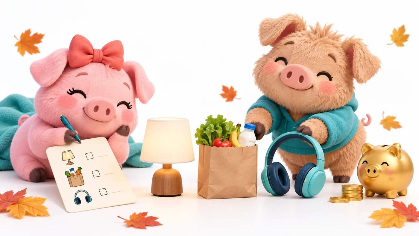 Una cerdita prepara la lista de compra junto a un cerdito peludo y una hucha