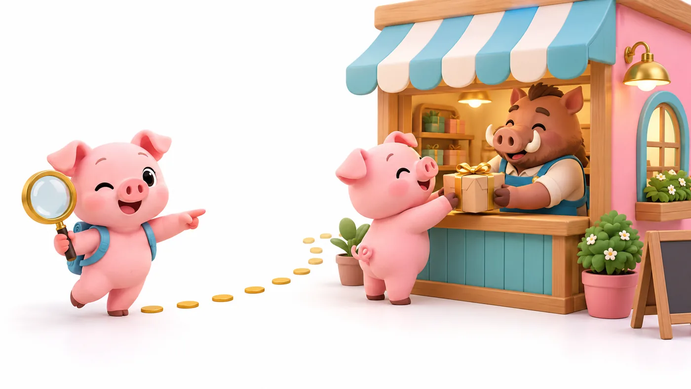 Un cerdito guía a un comprador hasta la tienda, donde recibe el producto.