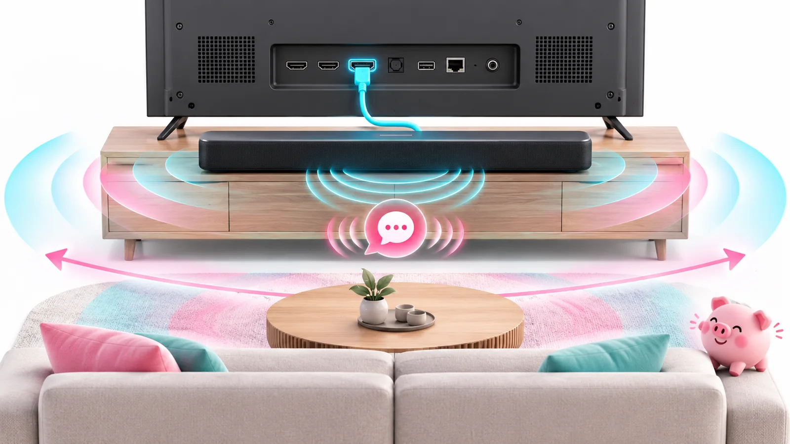 Ilustración orientativa sobre barras de sonido: televisor y barra conectados por HDMI ARC, con espacio de sala visible