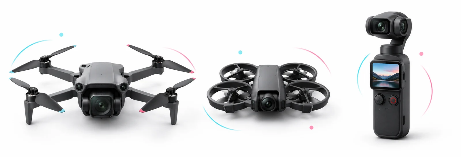 Ilustraciones de un dron plegable, un dron pequeño con protectores y una cámara de bolsillo