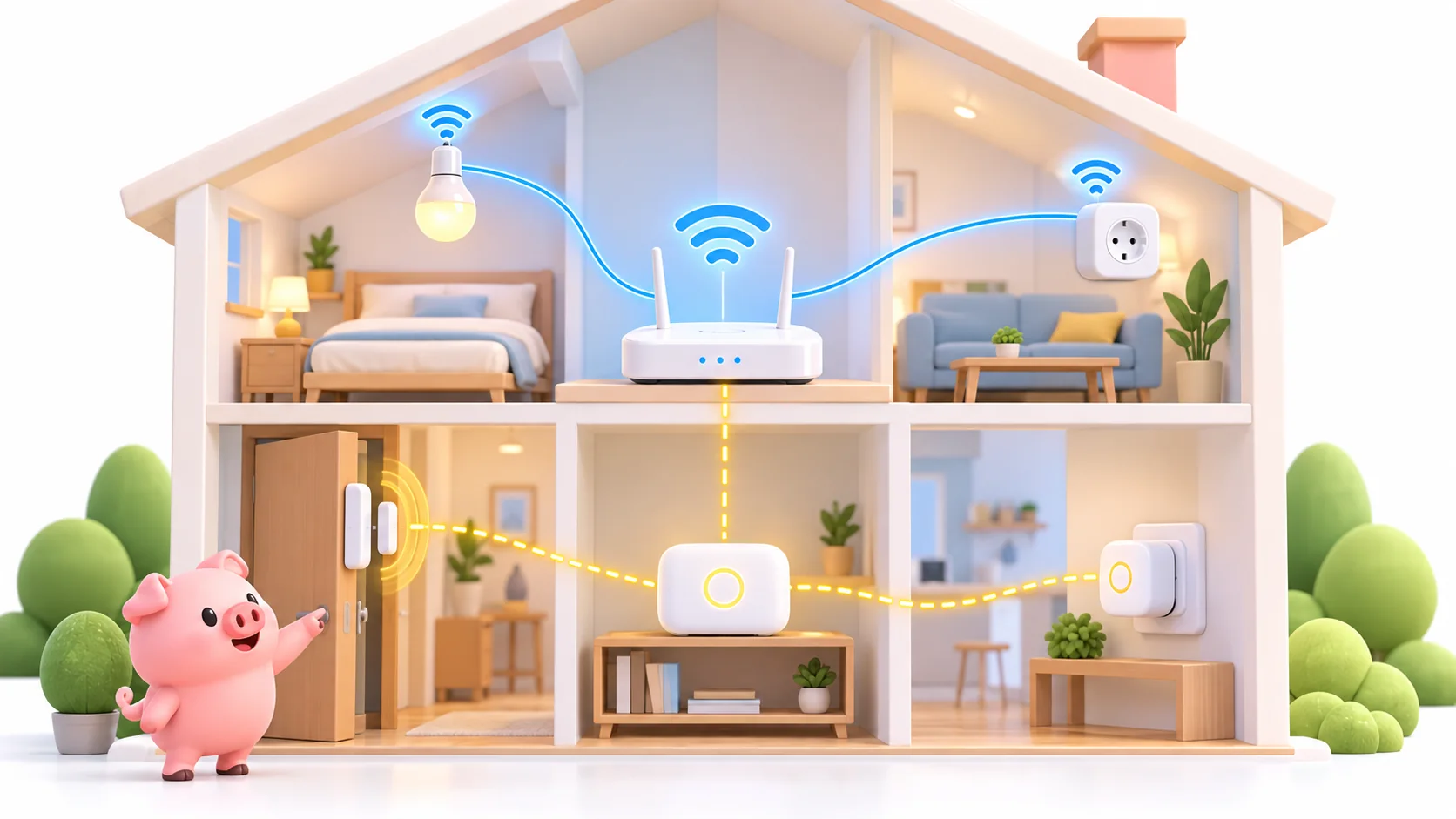Casa ilustrada con bombilla, enchufe y sensor conectados mediante router y controlador