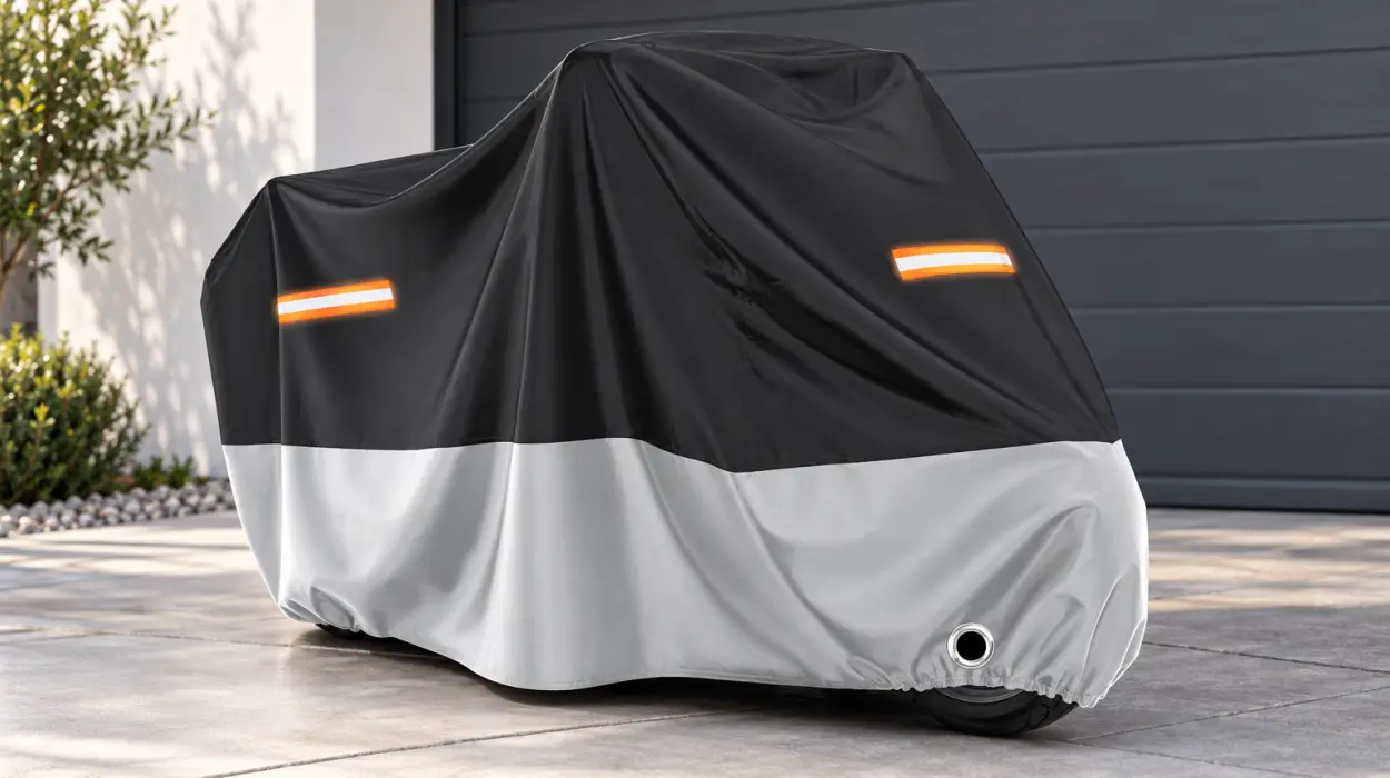 Funda impermeable Favoto para moto con protección UV, orificios para candado y medidas de 265 × 105 × 125 cm