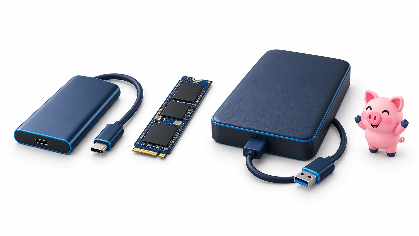 Ilustración comparativa de SSD externo, módulo SSD NVMe interno y disco duro externo