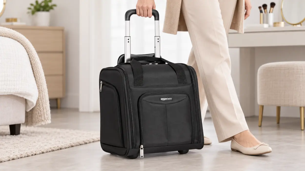 Maleta bajo el asiento Amazon Basics con ruedas y organizador frontal