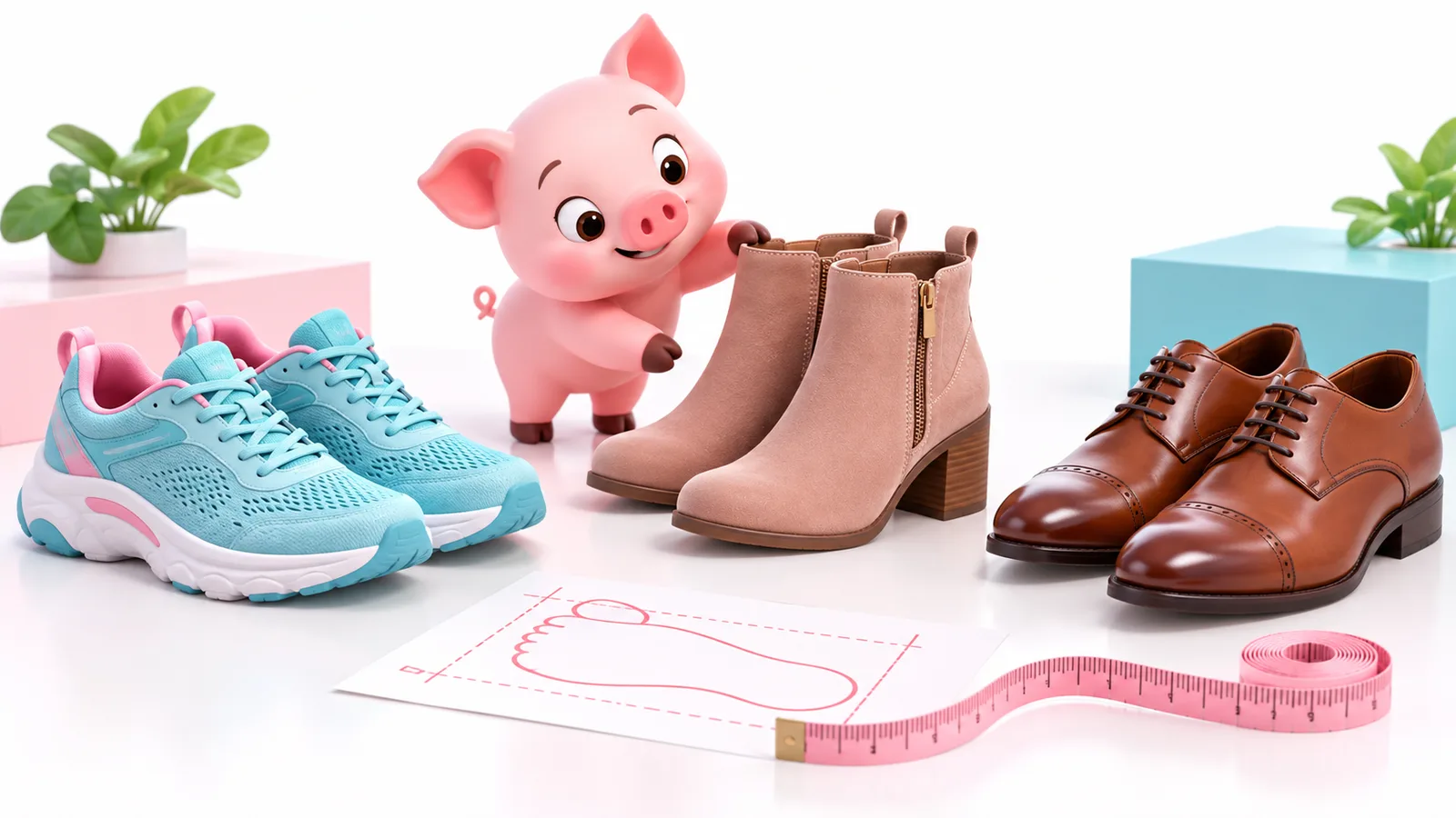Tres tipos de zapatos ilustrados junto a una cinta para medir el pie
