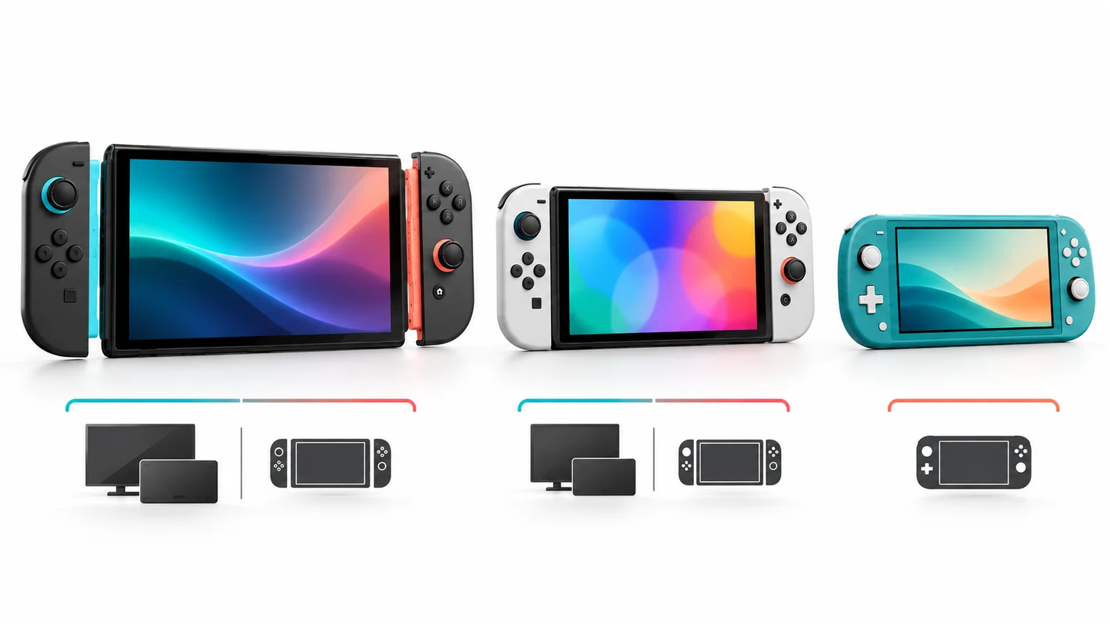 Comparativa visual de Switch 2, Switch OLED y Switch Lite