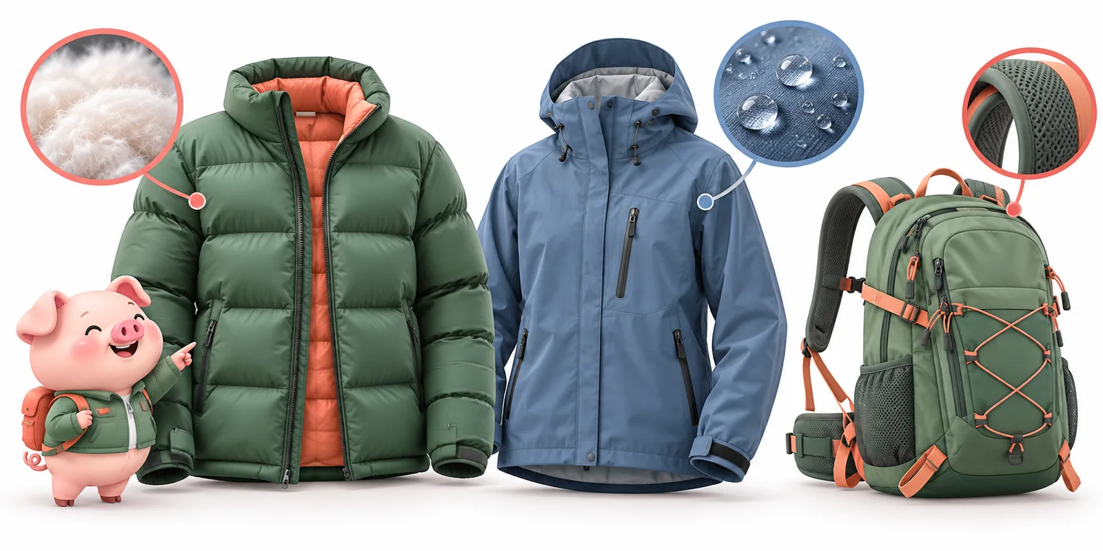 Ilustración orientativa de The North Face: chaqueta de abrigo, capa impermeable y mochila con detalles de materiales