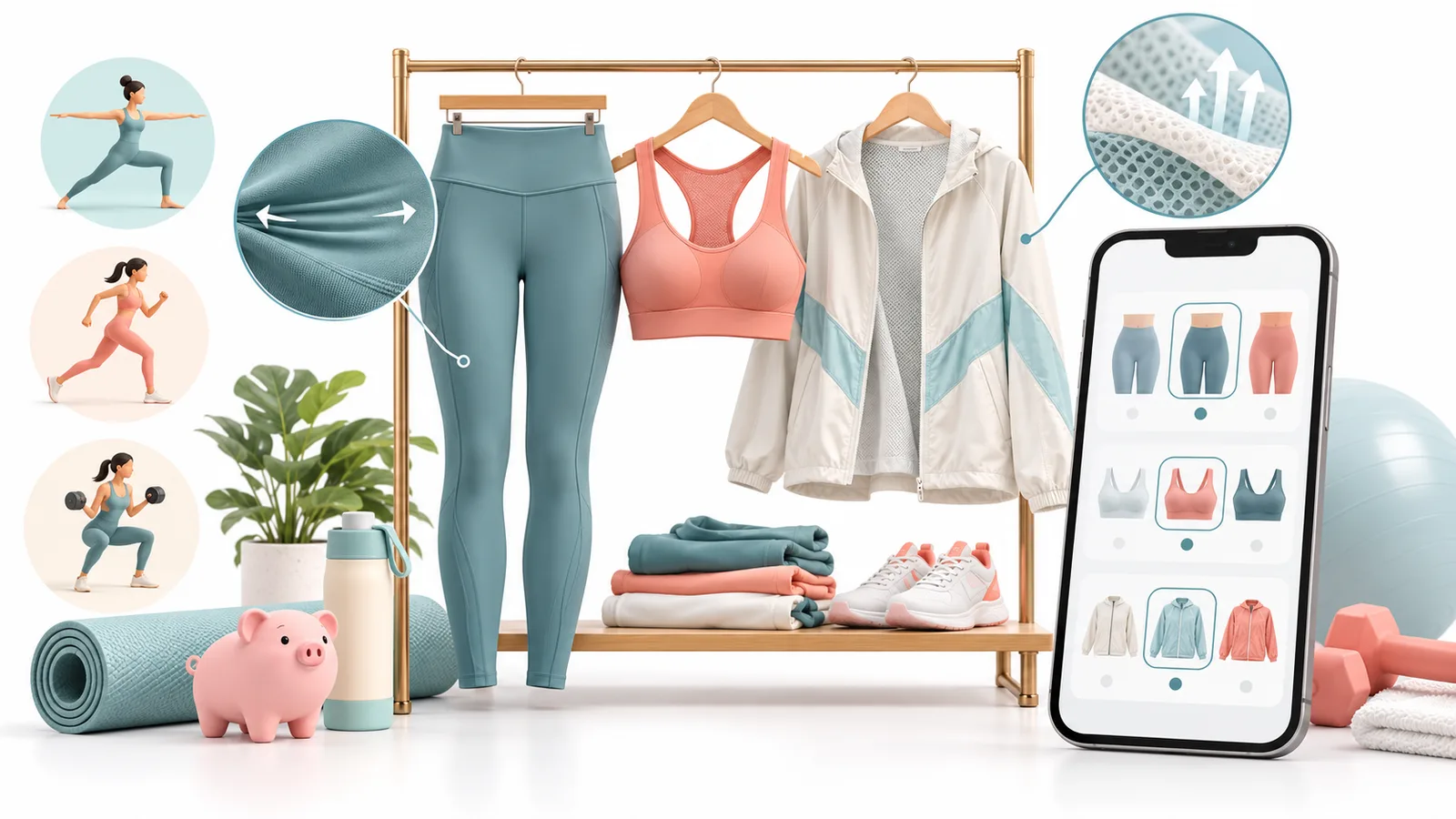 Comparativa ilustrada de leggings para yoga, carrera y entrenamiento