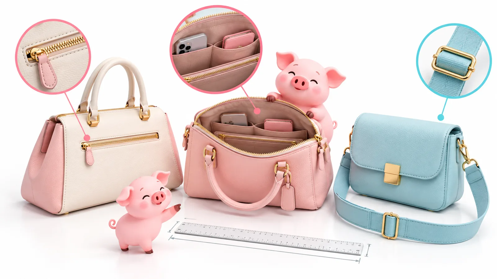 Bolsos ilustrados con cierres, bolsillos y cinta de medir