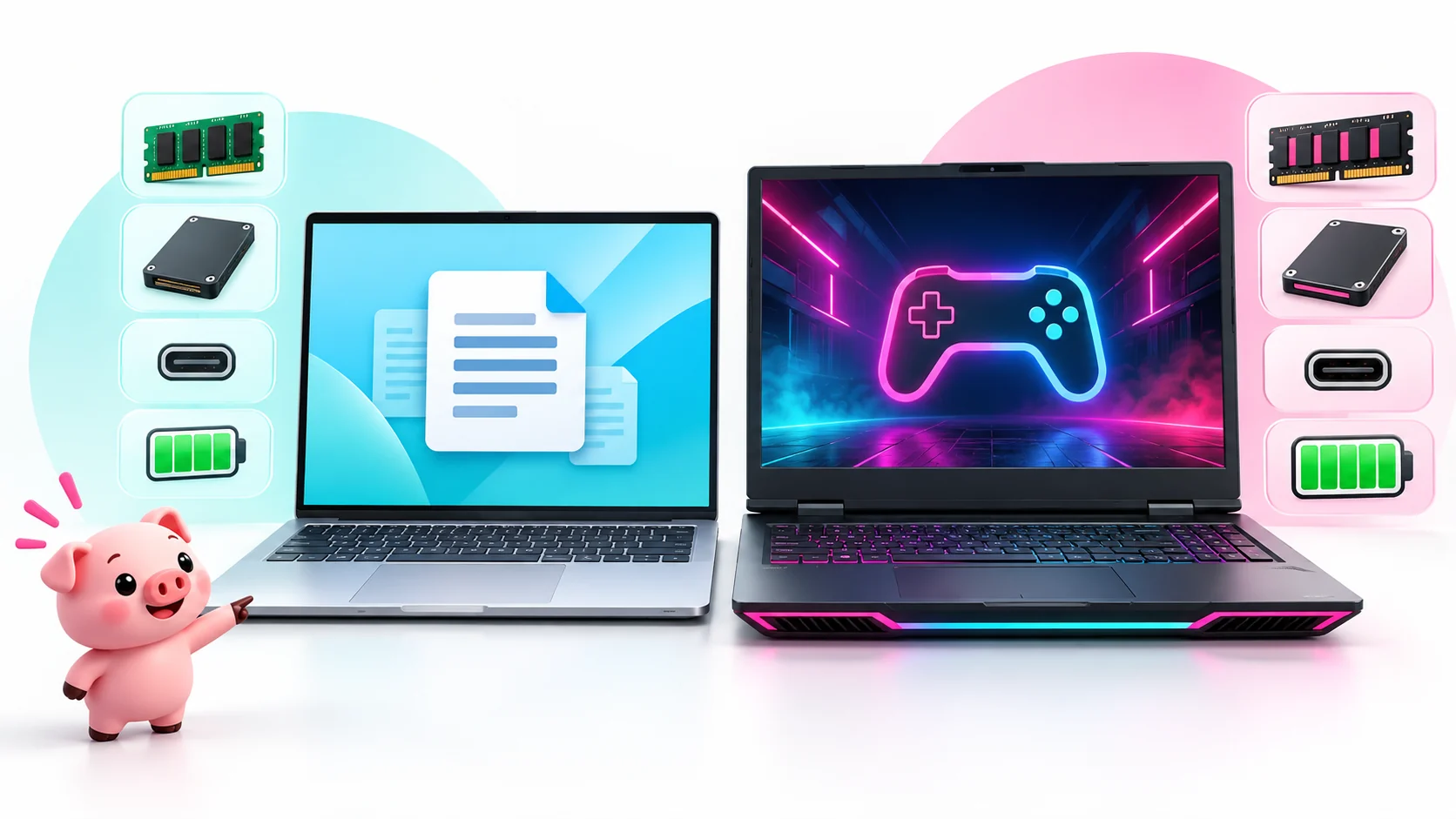 Comparación visual entre un portátil ligero de trabajo y uno para jugar, con memoria, SSD, puertos y batería
