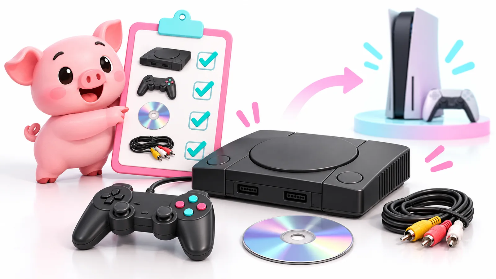 Consola, mando y juegos físicos ilustrados para revisar una compra de segunda mano