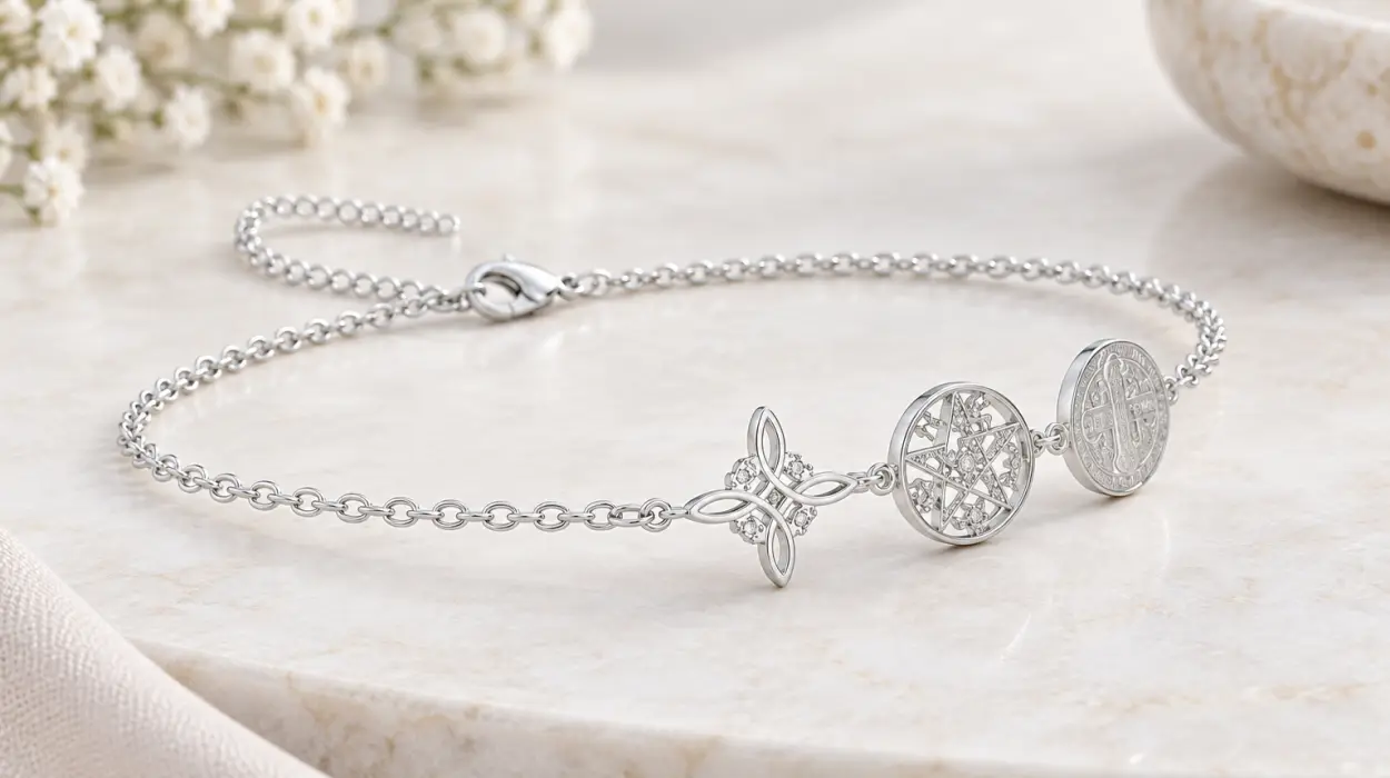 Pulsera Triple Protección con nudo de bruja, Tetragrámaton y medalla de San Benito