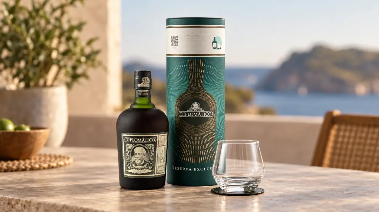 Estuche de ron Diplomático Reserva Exclusiva de 70 cl con vaso y posavasos