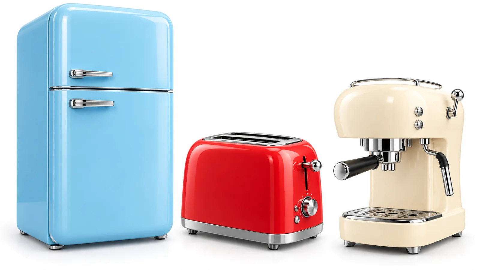 Recreación de un frigorífico retro, una tostadora y una cafetera de estilo Smeg