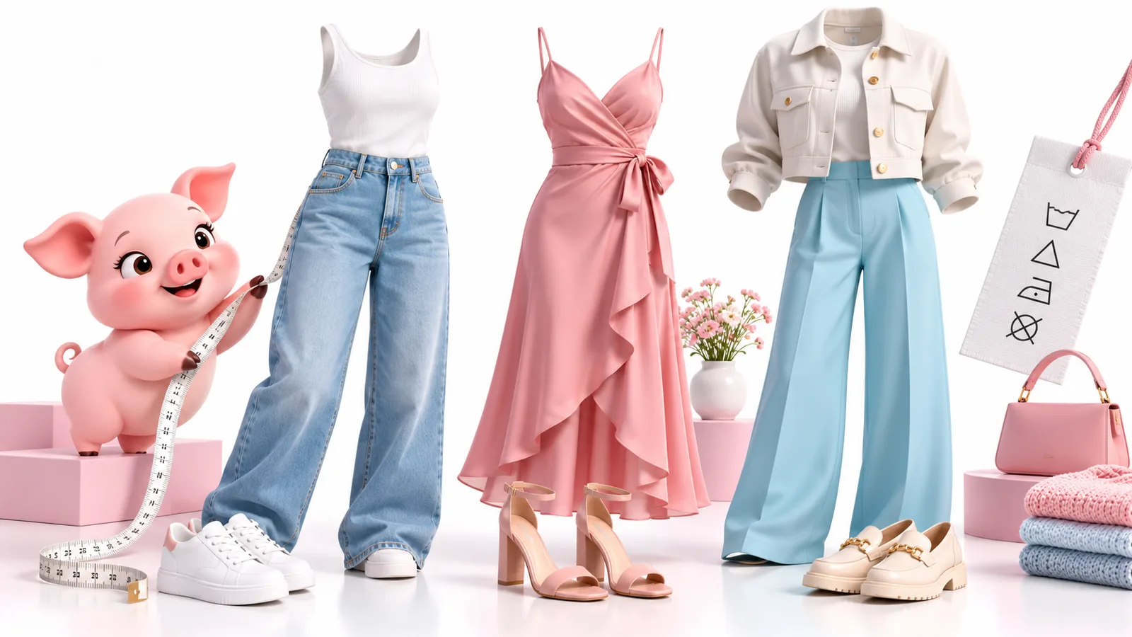 Vestido, vaqueros y chaqueta ilustrados para comparar prendas
