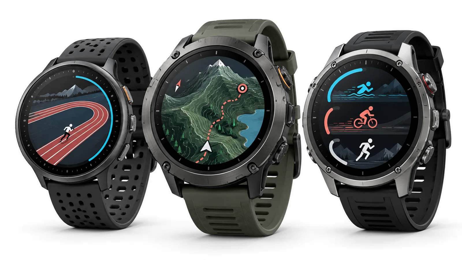 Tres relojes deportivos ilustrativos para running, montaña y multideporte