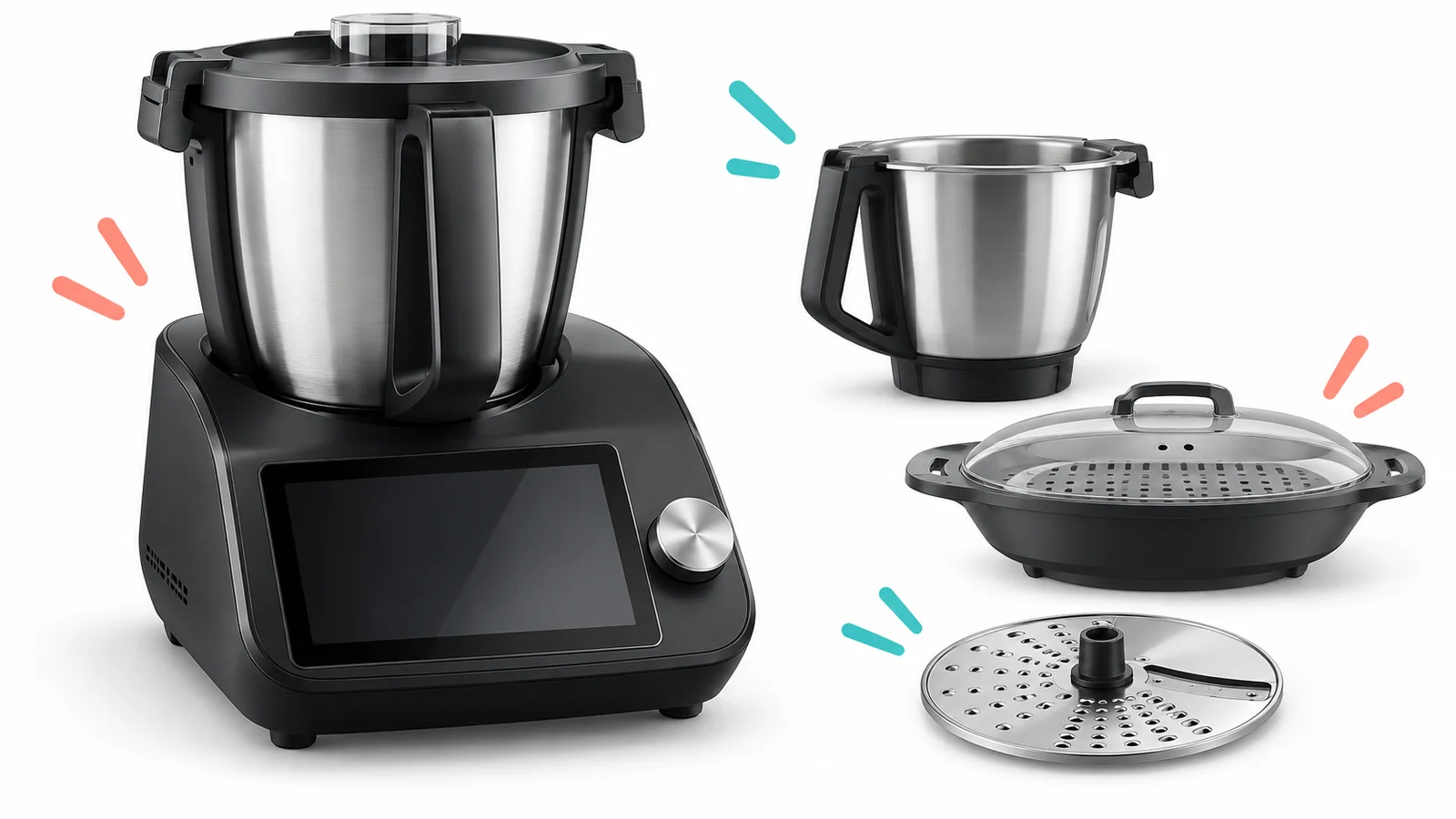 Recreación de un robot de cocina con vaso, accesorio de vapor y disco cortador