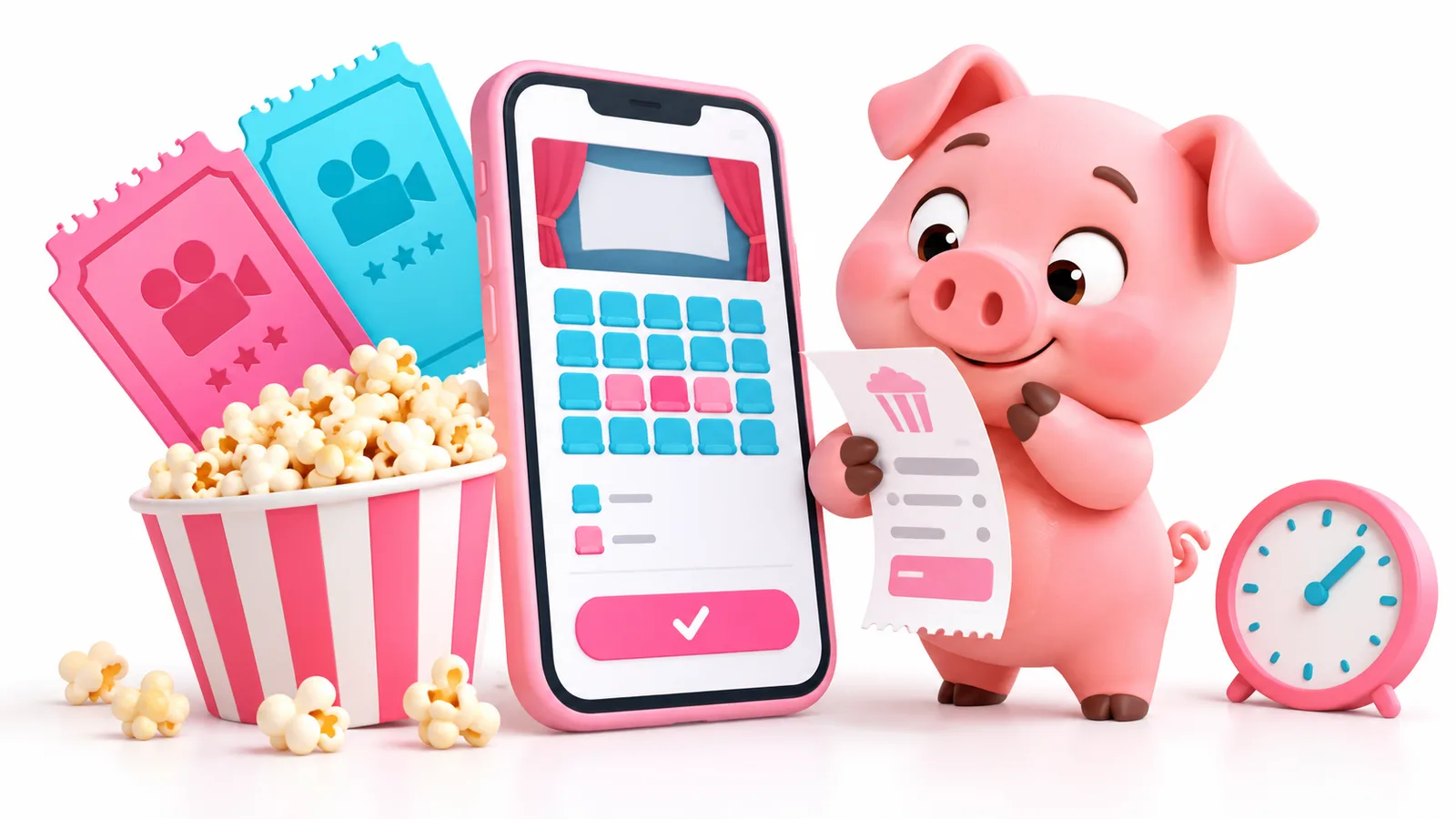Entradas de cine, selección de butacas y palomitas ilustradas