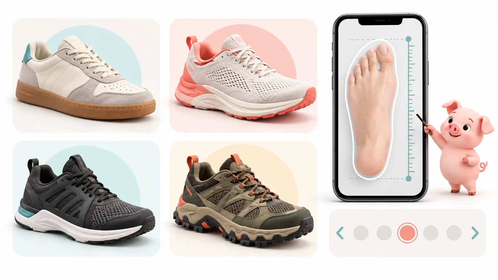 Ilustración de cuatro usos de zapatillas y medida del pie
