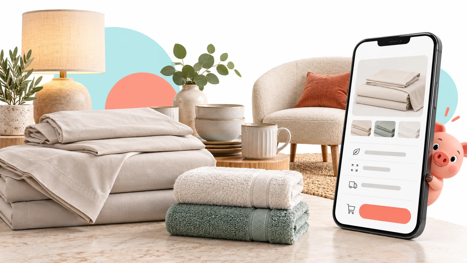 Ilustración de textiles, menaje y ficha de producto para comparar medidas, materiales y entrega