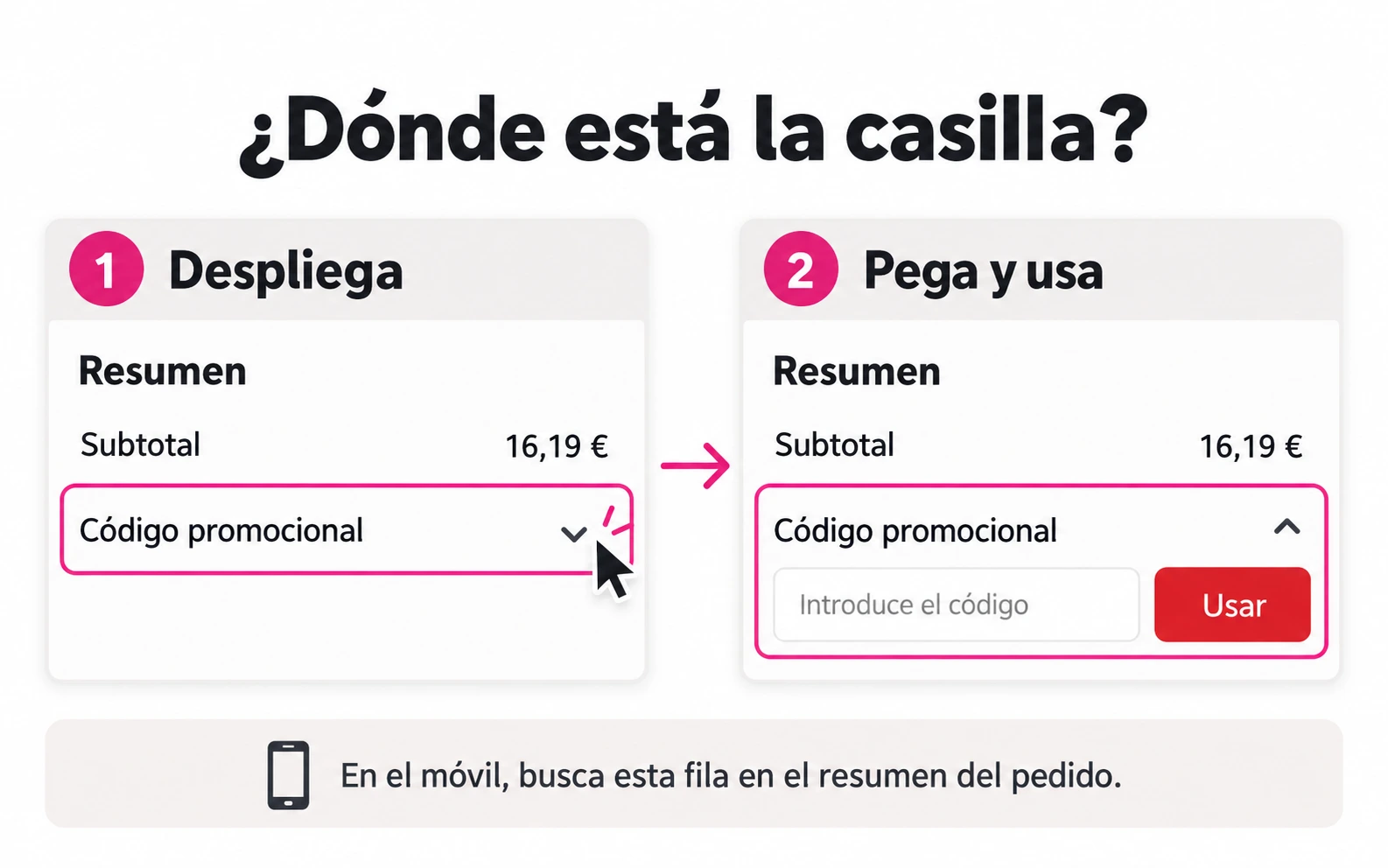 Pulsa la flecha de Código promocional para desplegar la casilla en AliExpress