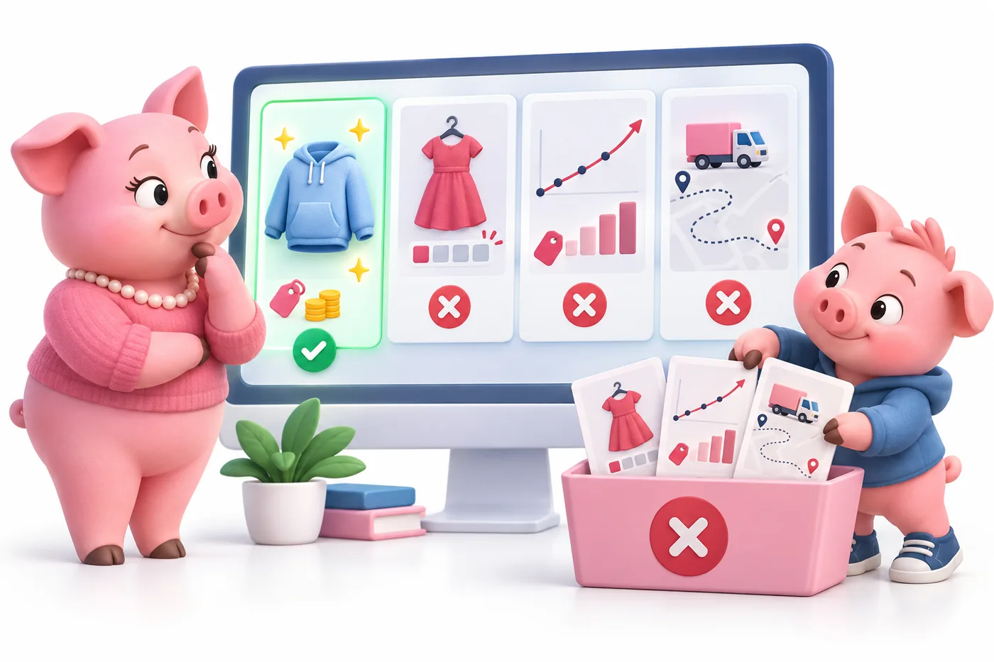 Dos cerditos comparan tallas disponibles, historial de precio y condiciones de envío para descartar ofertas flojas.