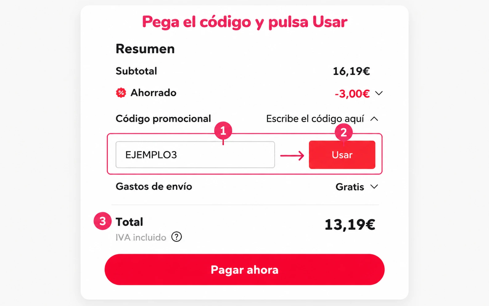 Dónde pegar el código, pulsar Usar y comprobar el total con descuento en AliExpress