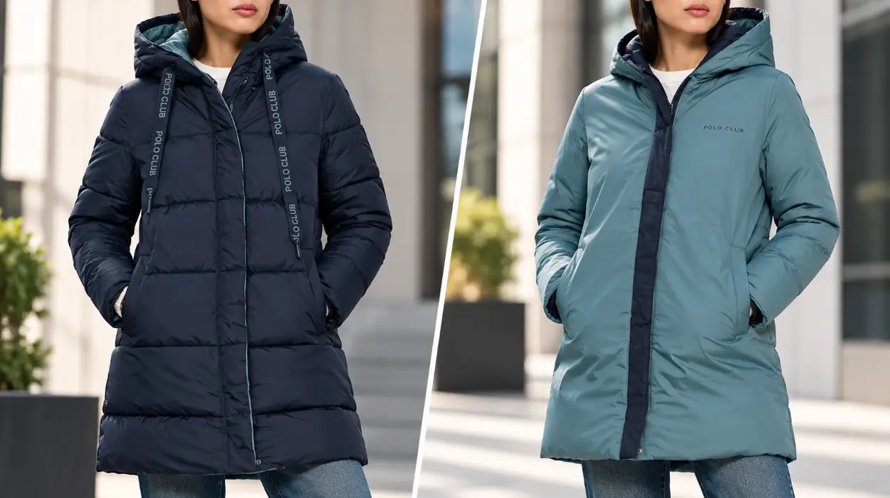 Abrigo reversible Polo Club con capucha fija y dos tonos de azul para mujer