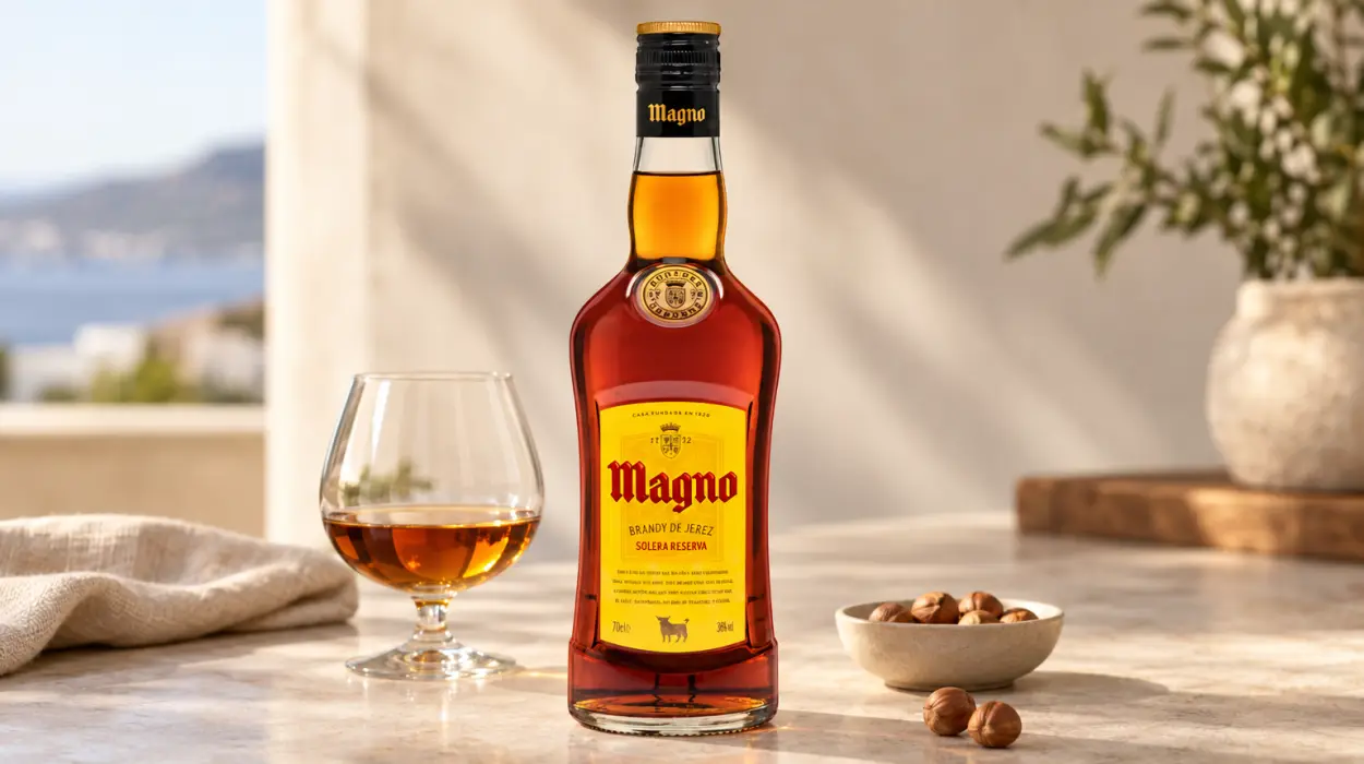 Brandy Magno Jerez Solera Reserva de 70 cl, con aromas de avellana y especias