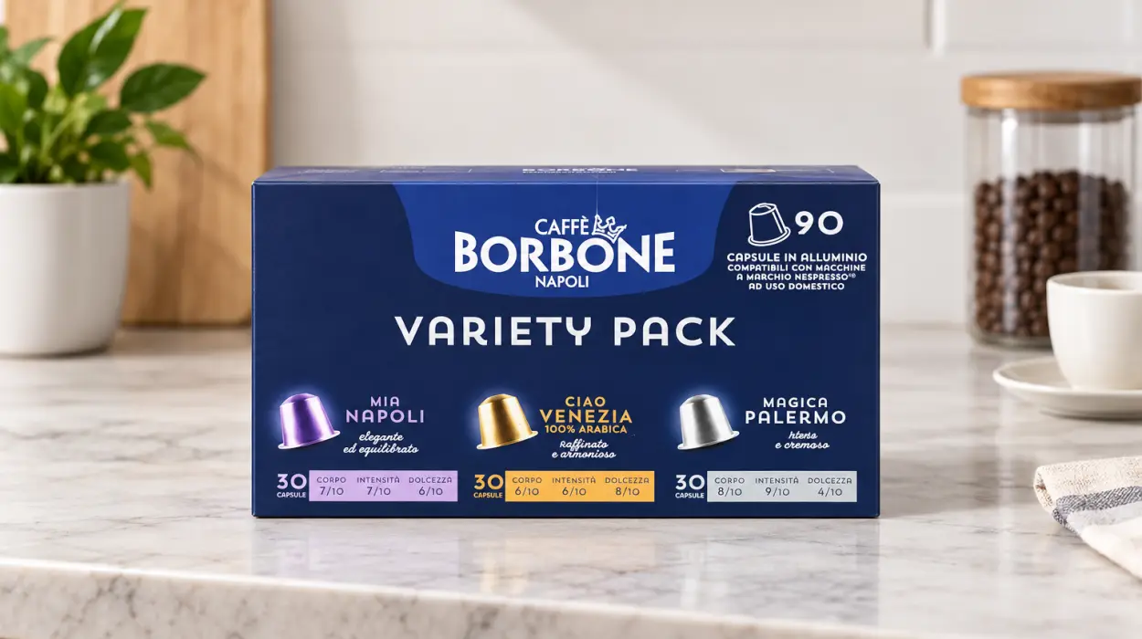 Pack x90 cápsulas de aluminio Caffè Borbone con tres mezclas