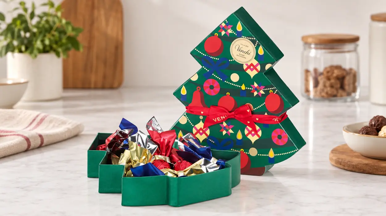 Caja de bombones Venchi Cometa surtidos con diseño de árbol de Navidad, 197 g