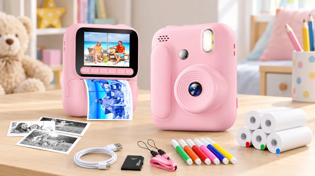 Cámara instantánea para niños con impresión térmica, vídeo 1080p y 5 rollos de papel