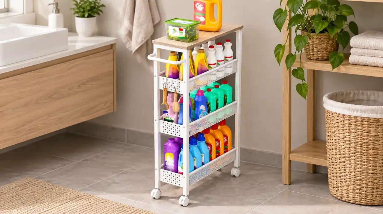 Carrito de cocina estrecho de 4 niveles con ruedas y tablero de madera
