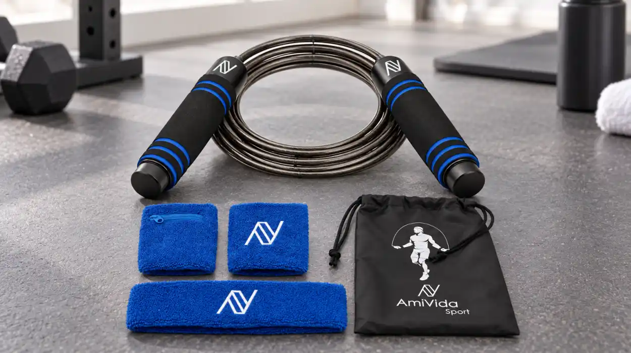Comba ajustable AmiVida de acero con muñequeras, cinta deportiva y bolsa