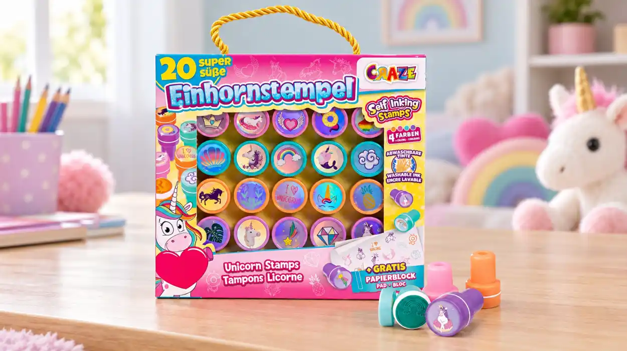 Set CRAZE Tierstempel con 20 sellos de unicornios y bloc para pintar