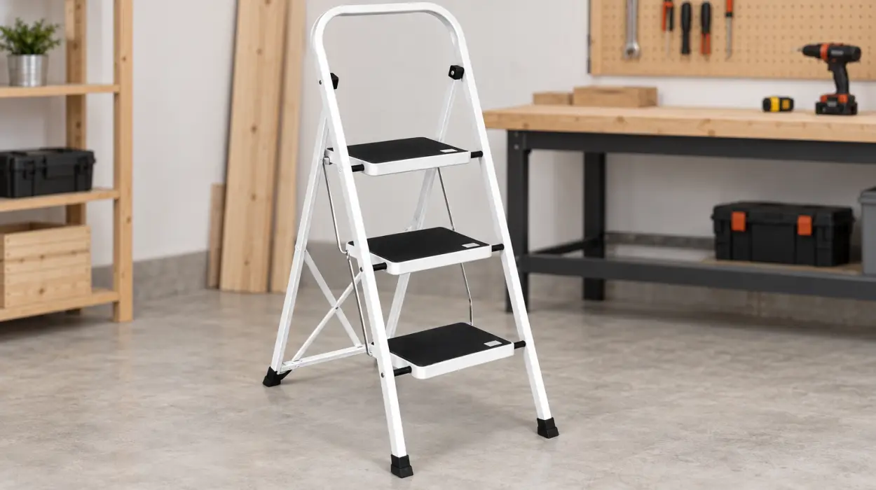 Escalera plegable de 3 peldaños con estructura de acero y superficie antideslizante