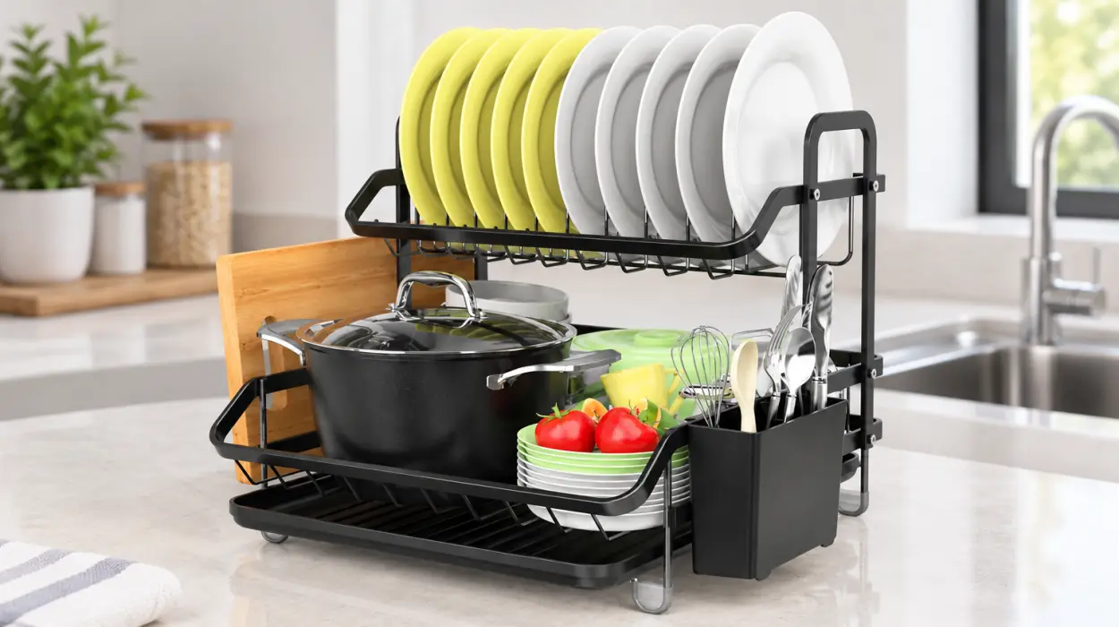 Escurreplatos de 2 niveles con soporte para cubiertos y bandeja de drenaje