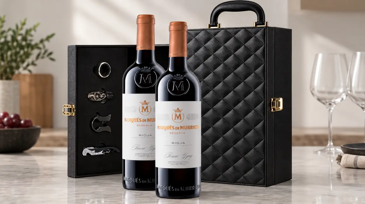 Estuche de cuero Marqués de Murrieta para 2 botellas con set de 4 accesorios