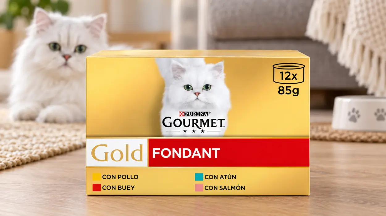 Pack x96 comida húmeda para gato Gourmet Gold Fondant, surtido de pollo, atún, buey y salmón de 85 g