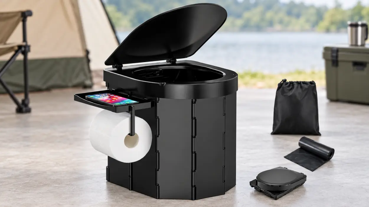 Inodoro portátil plegable con tapa y soporte para el móvil