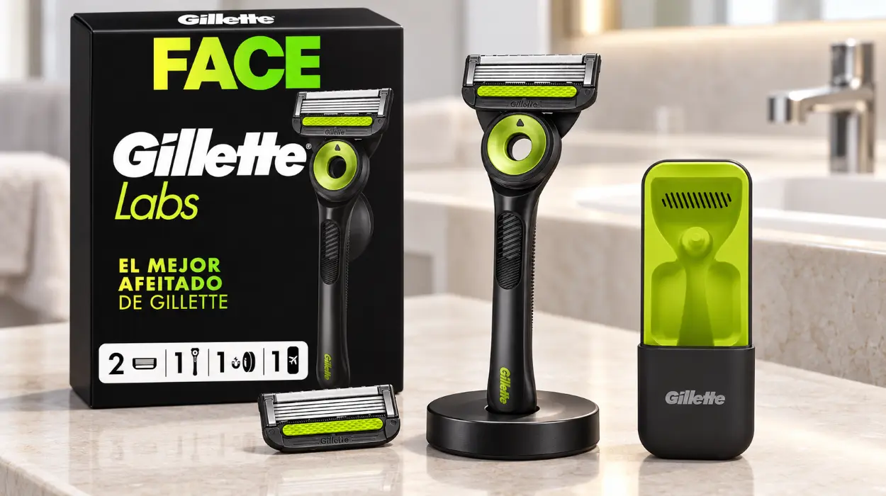 Maquinilla de afeitar GilletteLabs Neon Night Edition con 2 recambios, colgador de pared y estuche de viaje