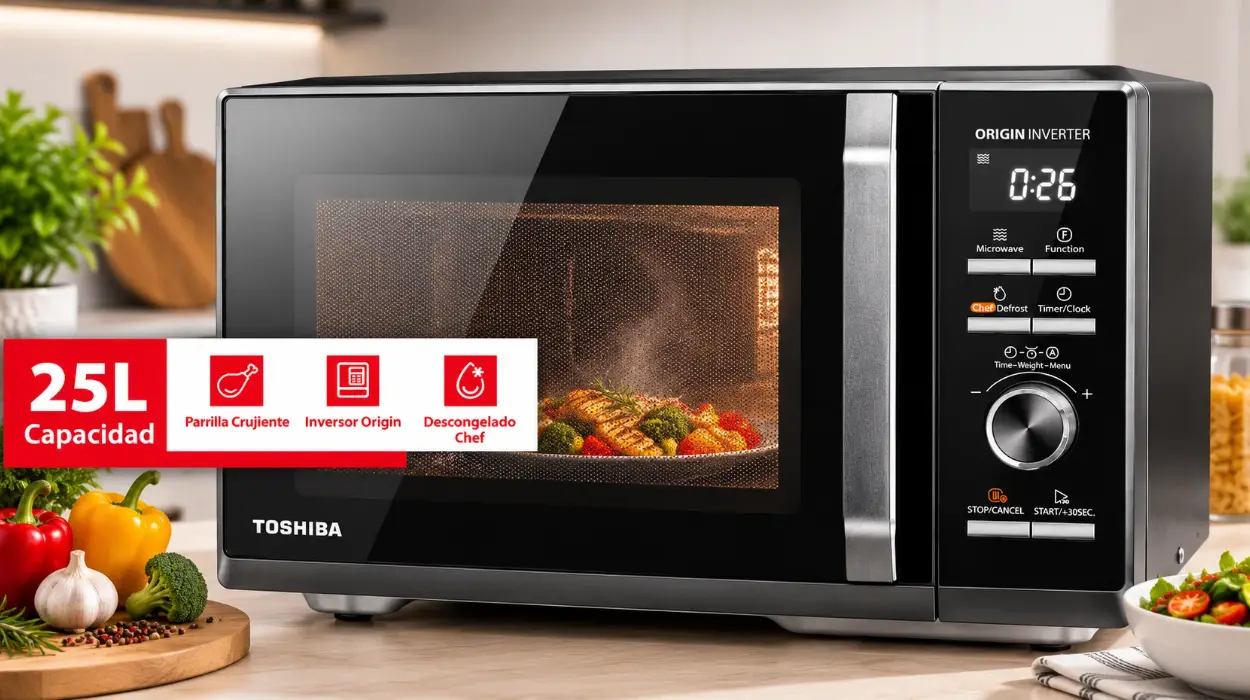 Microondas Toshiba de 25L con grill y tecnología inverter, control preciso y 10 niveles de potencia