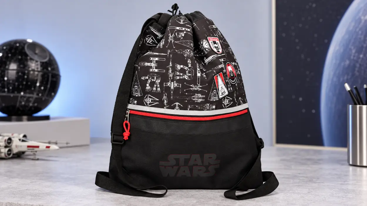 Mochila saco Star Wars Space Mission de 35 x 46 cm con bolsillo frontal con cremallera