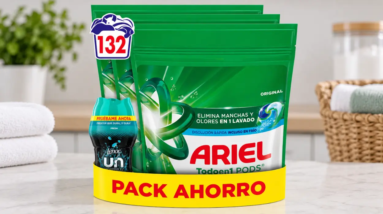 Pack x132 cápsulas Ariel Pods Original y perlas Fresh de 150 g