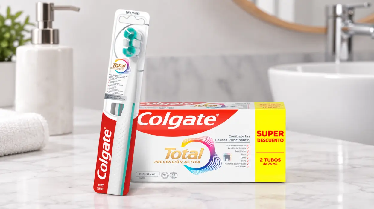 Pack x2 pastas dentales Colgate Total Prevención Activa con cepillo de regalo