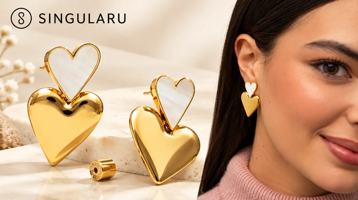 Pendientes Singularu Duo d'Amour Nácar bañados en oro para mujer